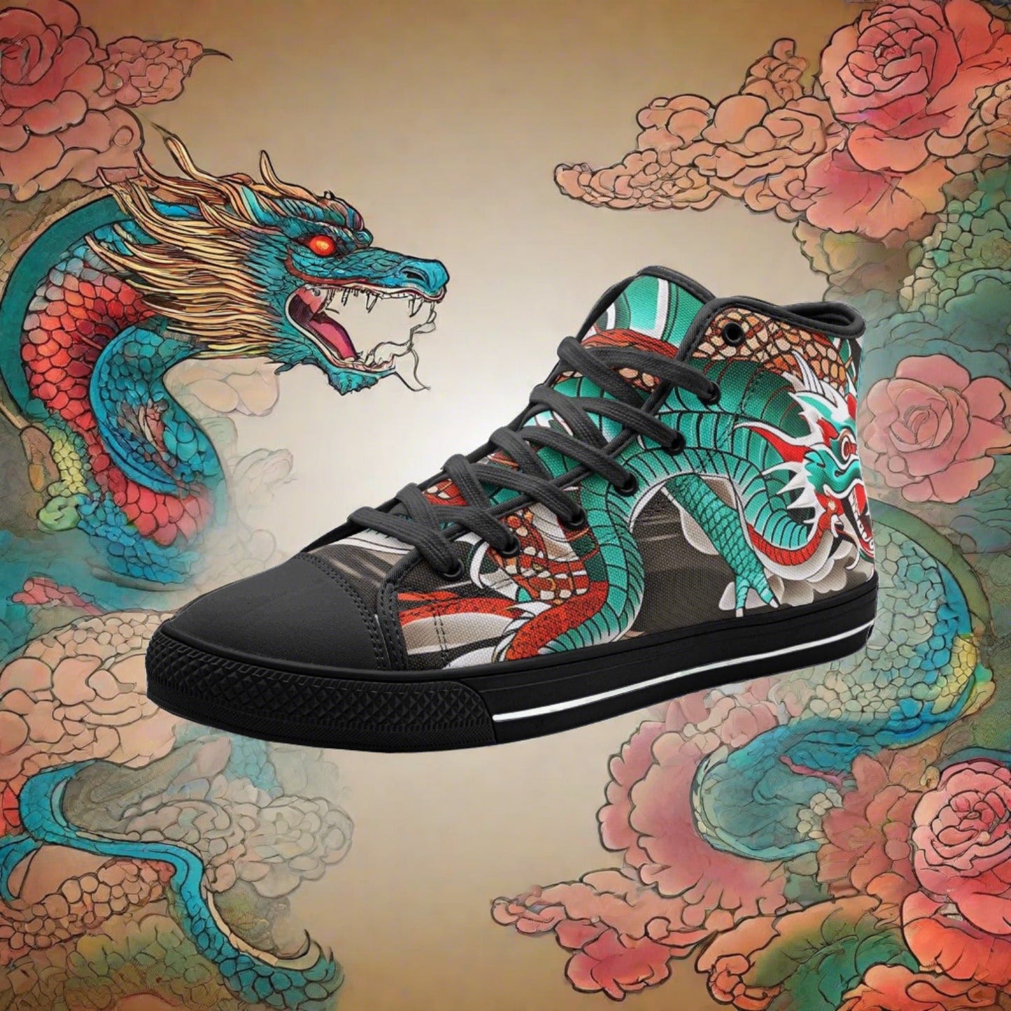 Chinese Dragon Purple Teal Custom Bold Art - Freaky Shoes | Custom Art Sneakers