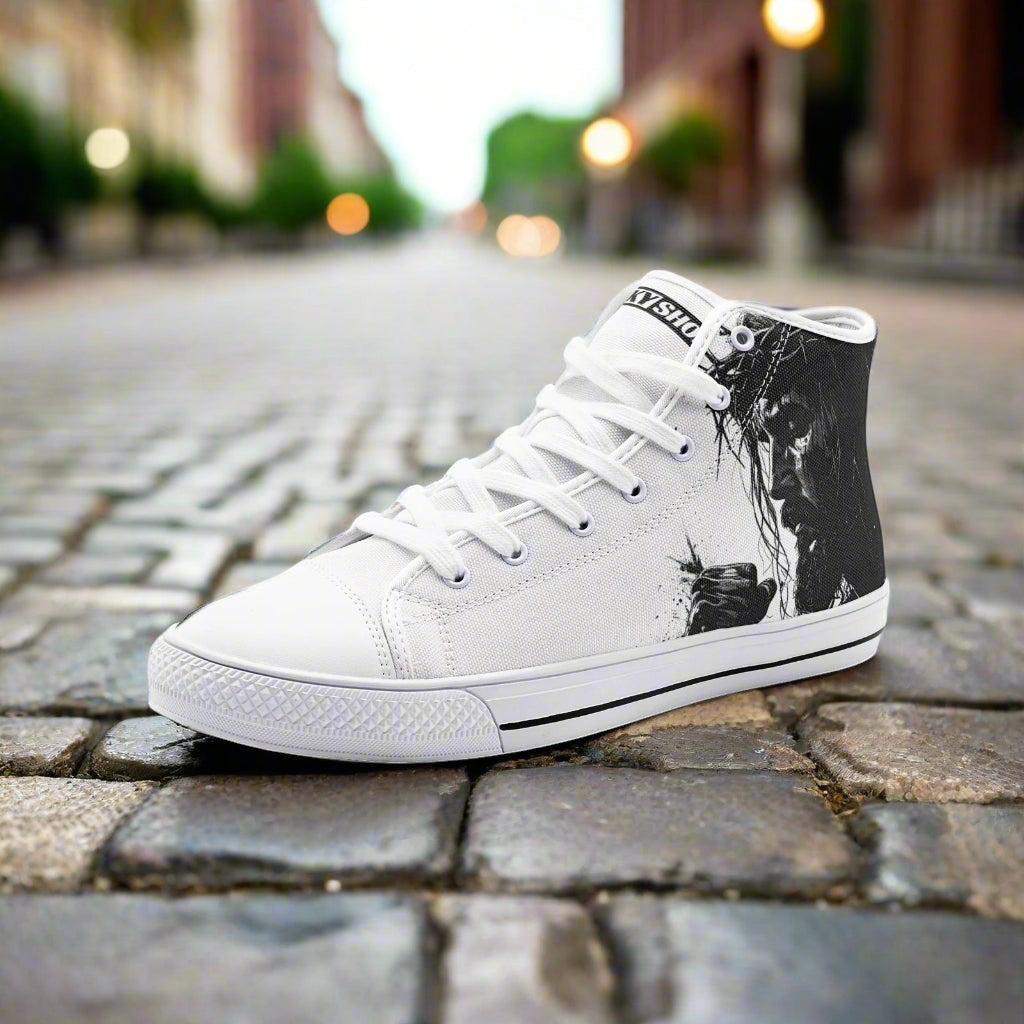 Jesus Unisex high-top canvas shoes, custom full-wrap printed design — Freaky Shoes