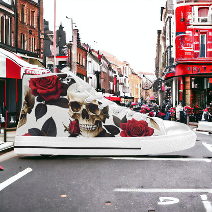 Women's Skulls Roses Deluxe high-top canvas shoes, custom full-wrap printed design — Freaky Shoes