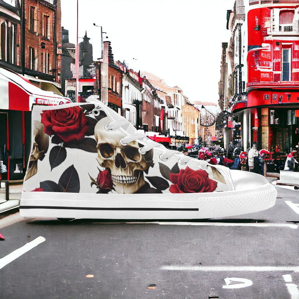Women's Skulls Roses Deluxe high-top canvas shoes, custom full-wrap printed design — Freaky Shoes