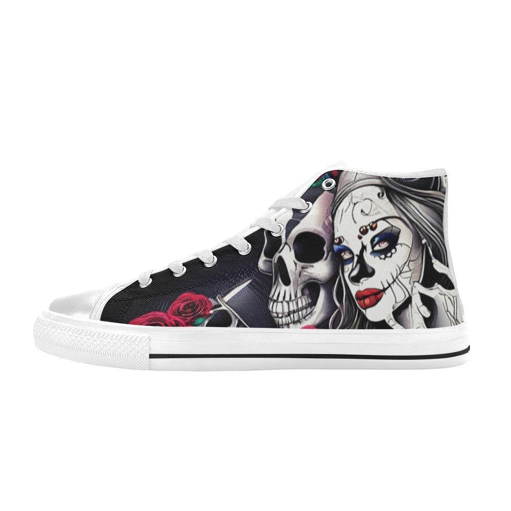Freaky Shoes custom art sneakers featuring sugar skull and rose design, made to order wearable art