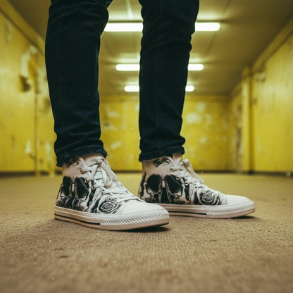 Men's Grey Skull & Roses Black & White hand-made high-top canvas shoes — unique wearable art by Freaky Shoes