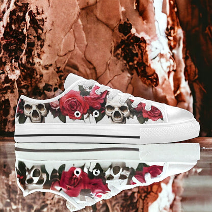 Custom Women's Skulls Roses Deluxe high-top canvas shoes with bold all-over art — Freaky Shoes