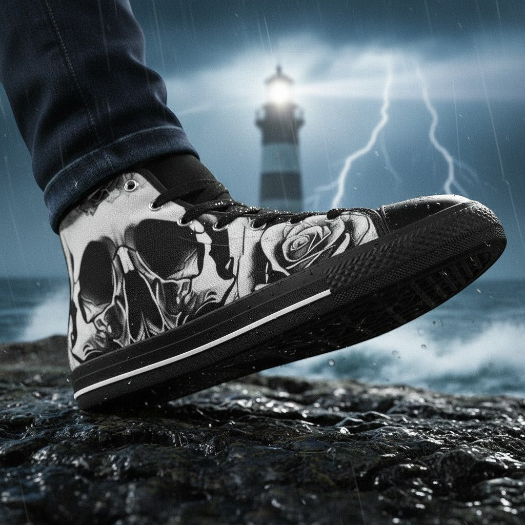 Women's Grey Skull & Roses Black & White high-top canvas shoes, custom full-wrap printed design — Freaky Shoes