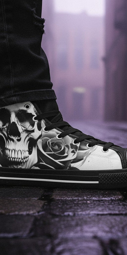 Custom Men's Cartoon Skulls & Roses Black & White high-top canvas shoes with bold all-over art — Freaky Shoes