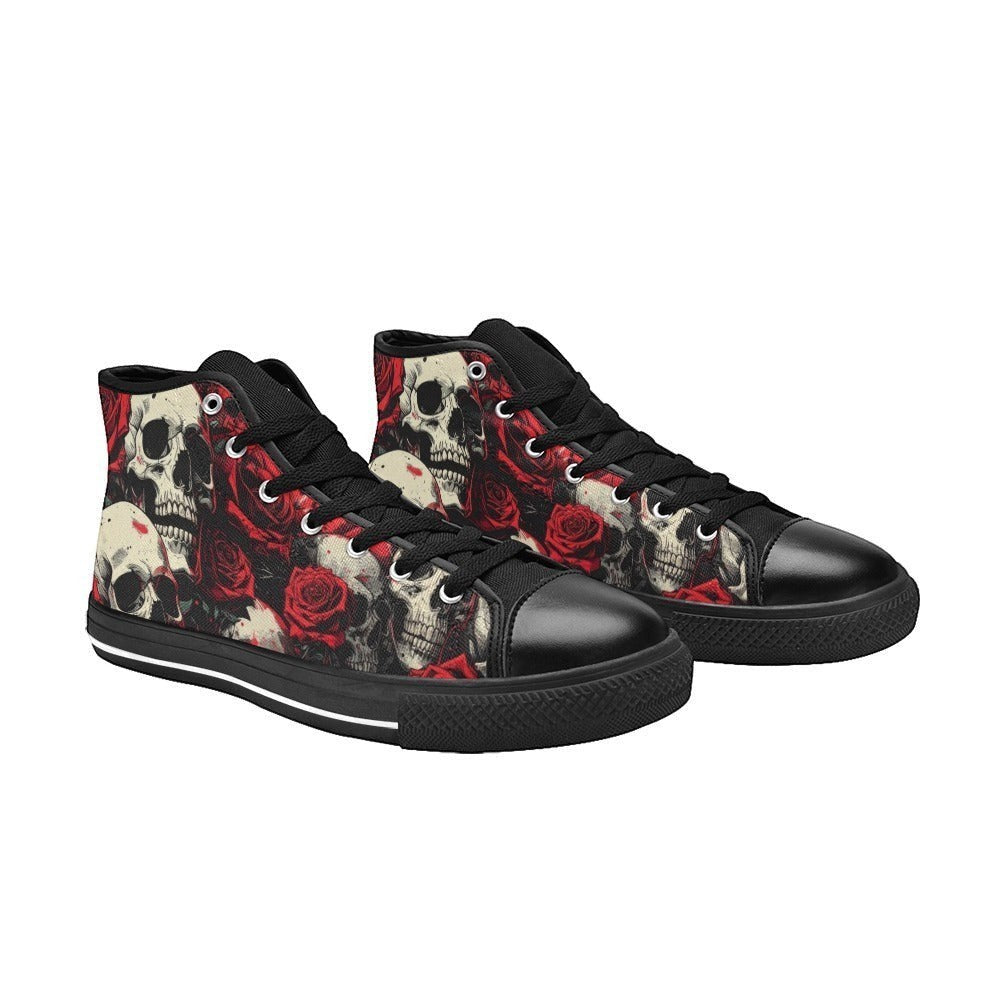 Freaky Shoes custom art sneakers with skull and red rose print, made to order wearable art