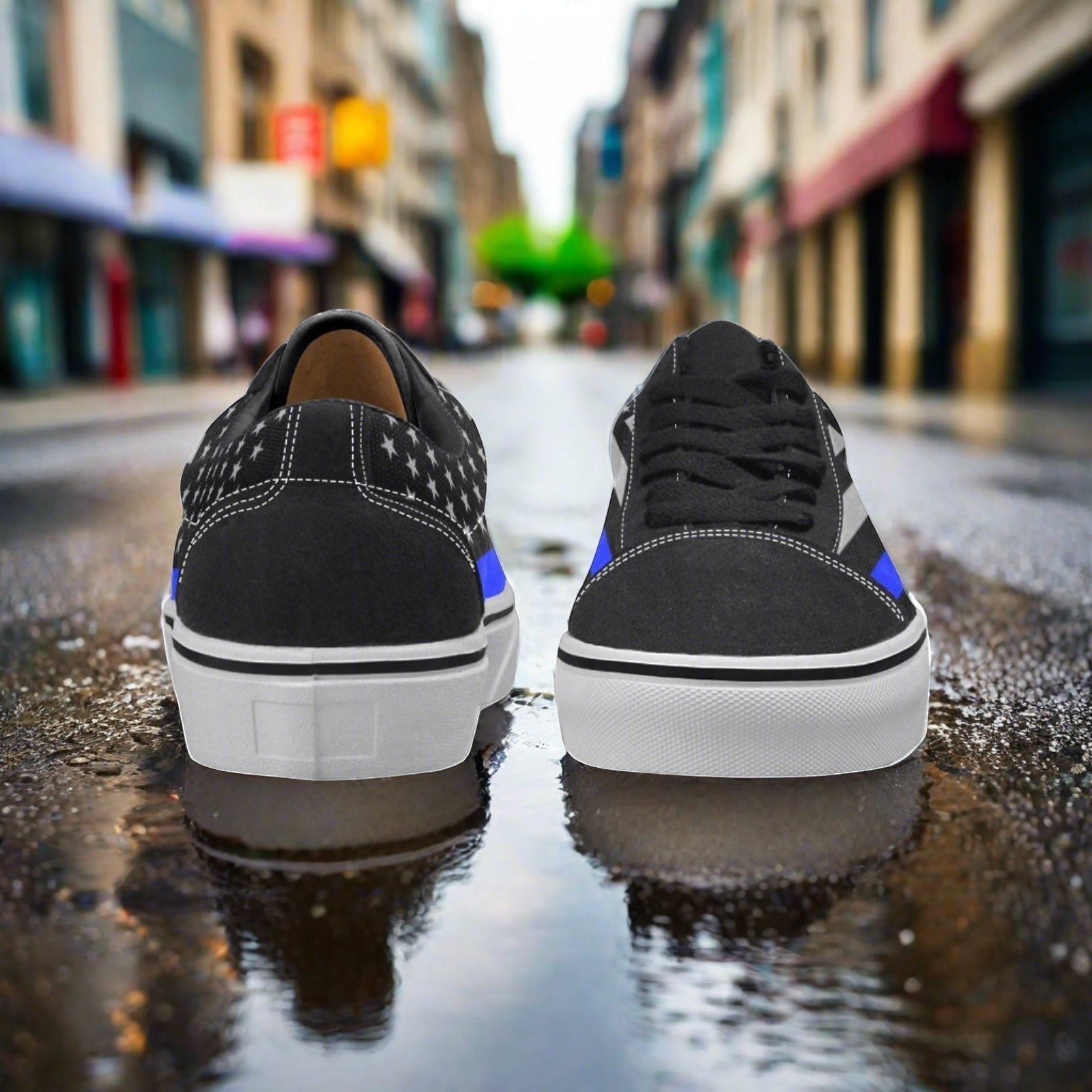 Custom Men's Thin Blue Line Flag Themed low-top canvas shoes with bold all-over art — Freaky Shoes