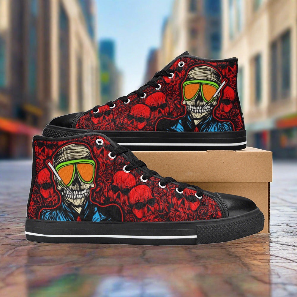 Custom Women's Skull Red high-top canvas shoes with bold all-over art — Freaky Shoes