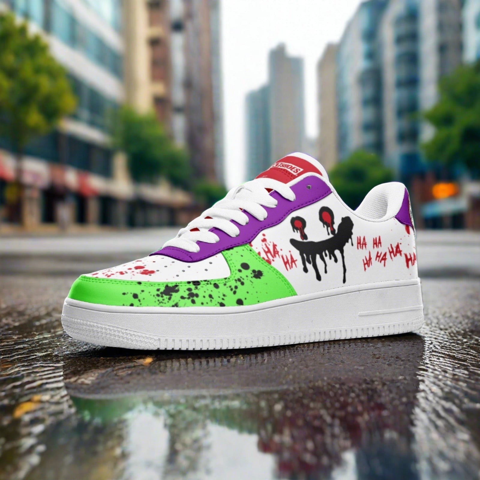 Laugh custom low-top leather sneakers — wearable art by Freaky Shoes