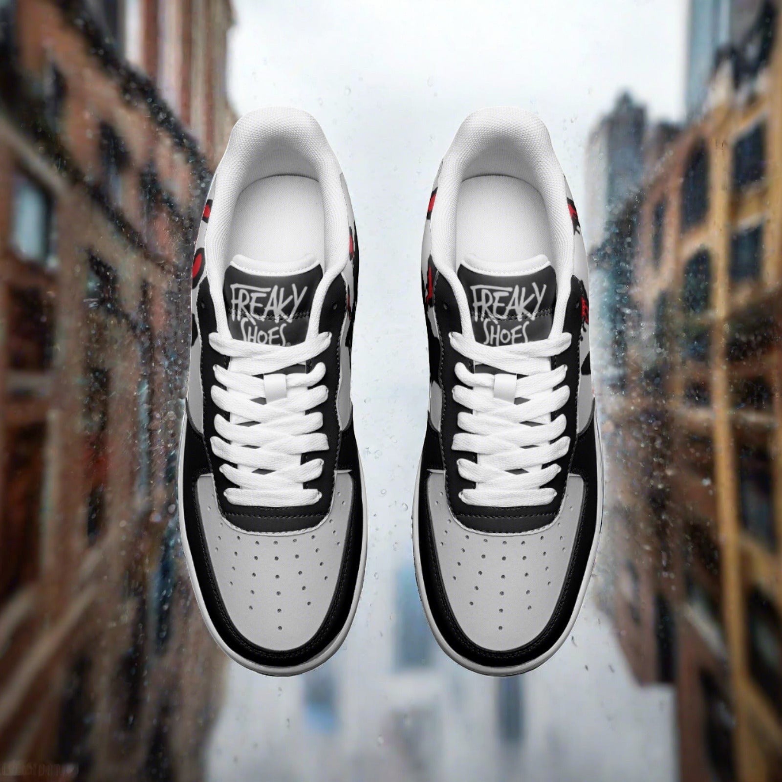 Custom Black & Grey low-top leather sneakers with bold all-over art — Freaky Shoes