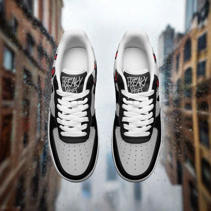 Custom Black & Grey low-top leather sneakers with bold all-over art — Freaky Shoes