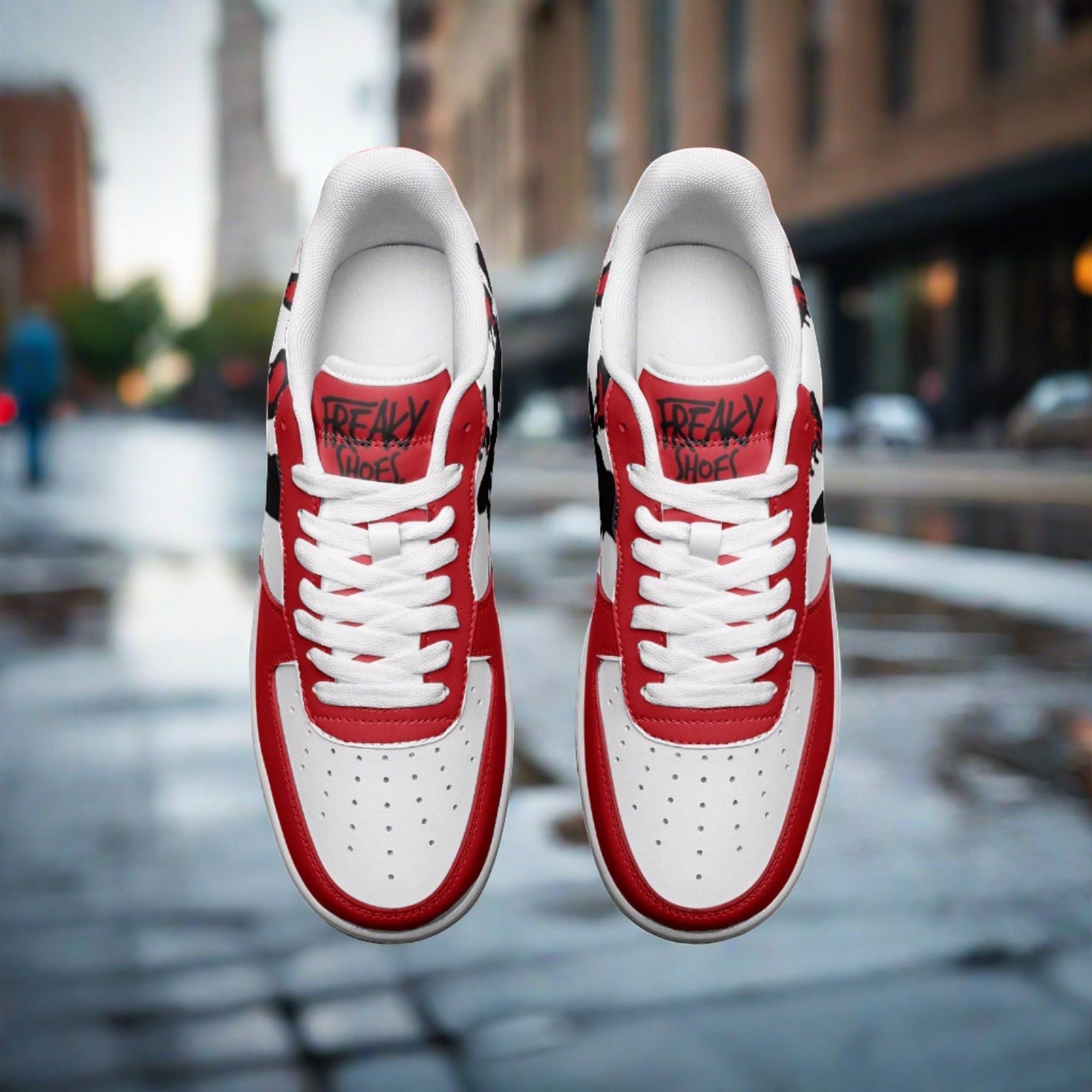 Custom Freaky Red White low-top leather sneakers with bold all-over art — Freaky Shoes