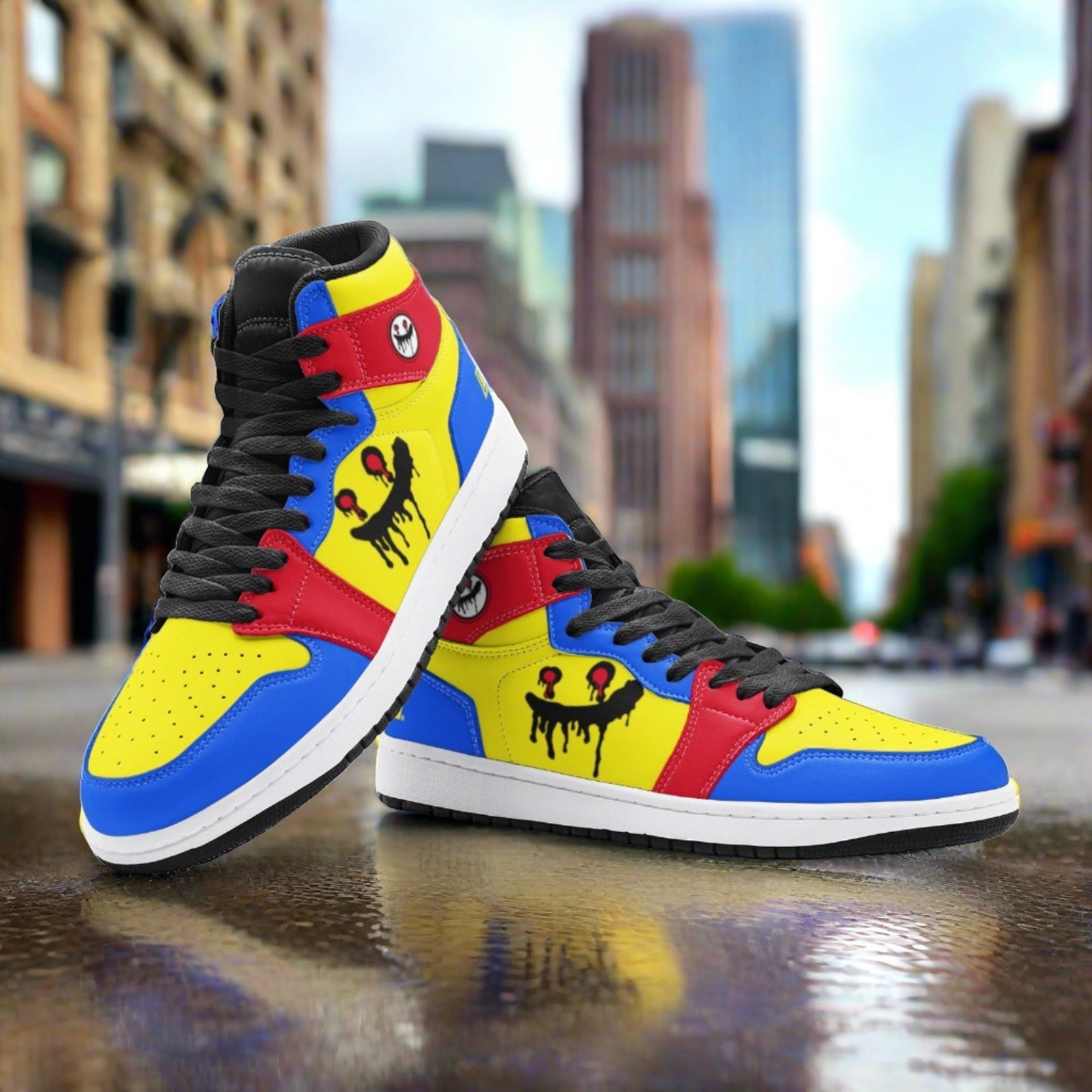 Freaky Blue Yellow high-top canvas shoes, custom full-wrap printed design — Freaky Shoes