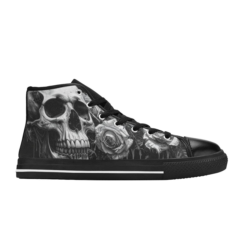 Grey Skull Rose Monochrome Women's Gothic High Top Canvas Shoes | Freaky Shoes®