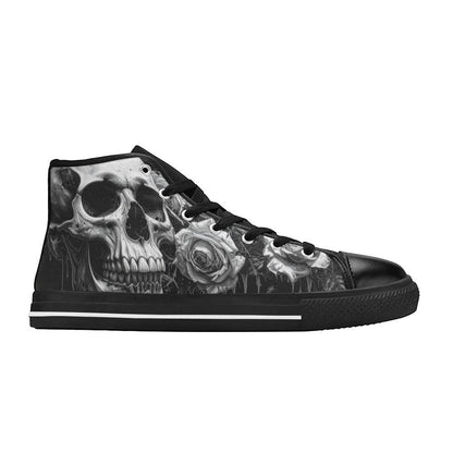 Freaky Shoes custom art sneaker with skull and rose design, made to order wearable art