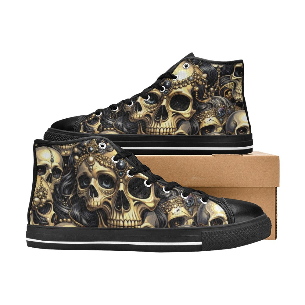 WOMEN'S Elegant Jeweled Skull Dark High Top Canvas Vibrant Chaos Custom Shoes