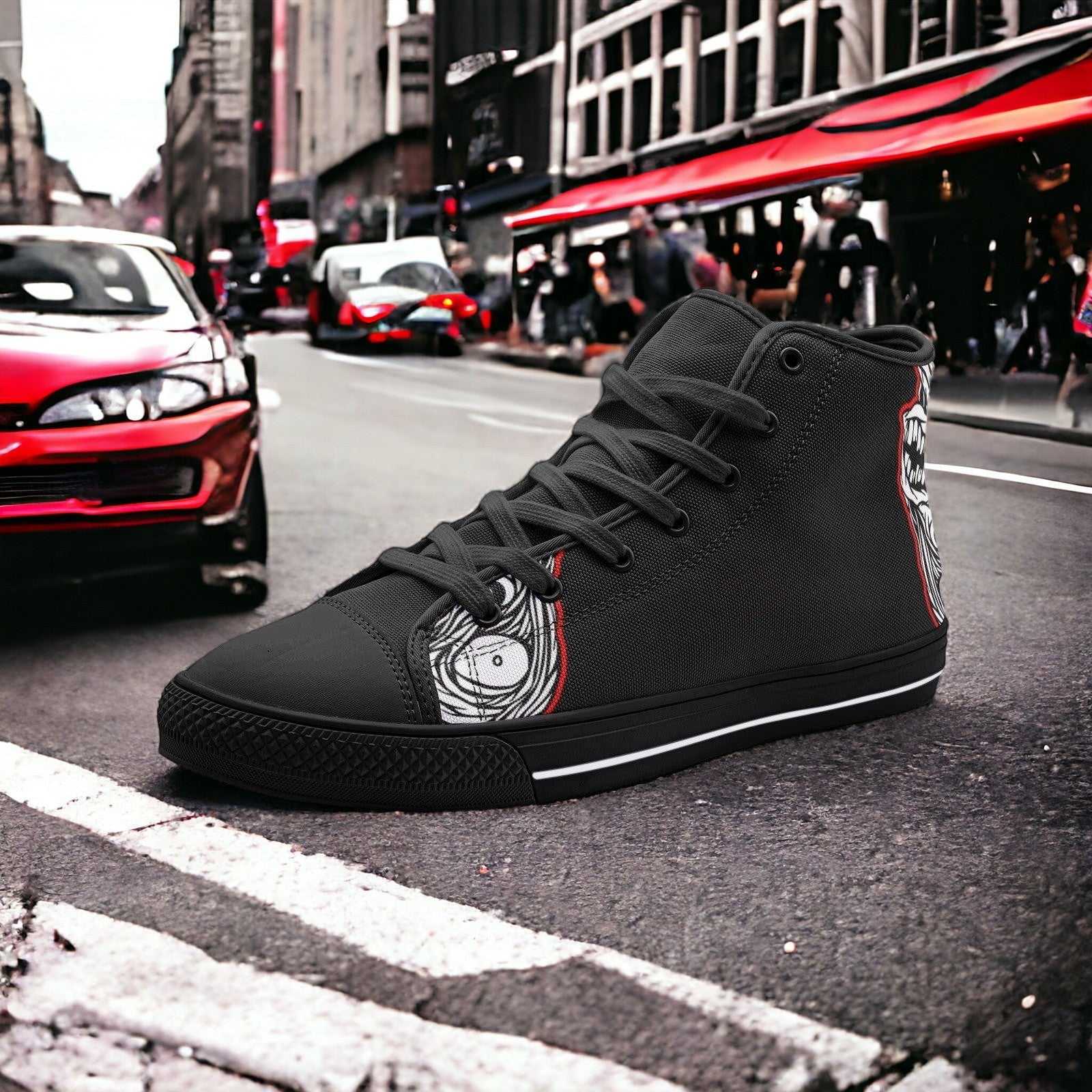 Custom Freestyle Art high-top canvas shoes with bold all-over art — Freaky Shoes
