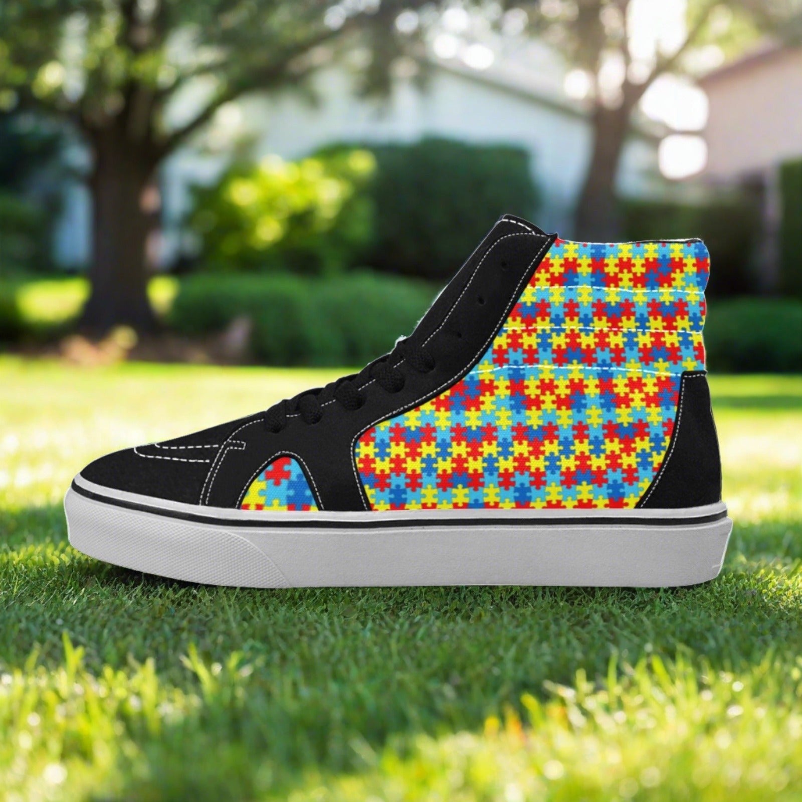 Women's Autism Awareness high-top canvas shoes, custom full-wrap printed design — Freaky Shoes
