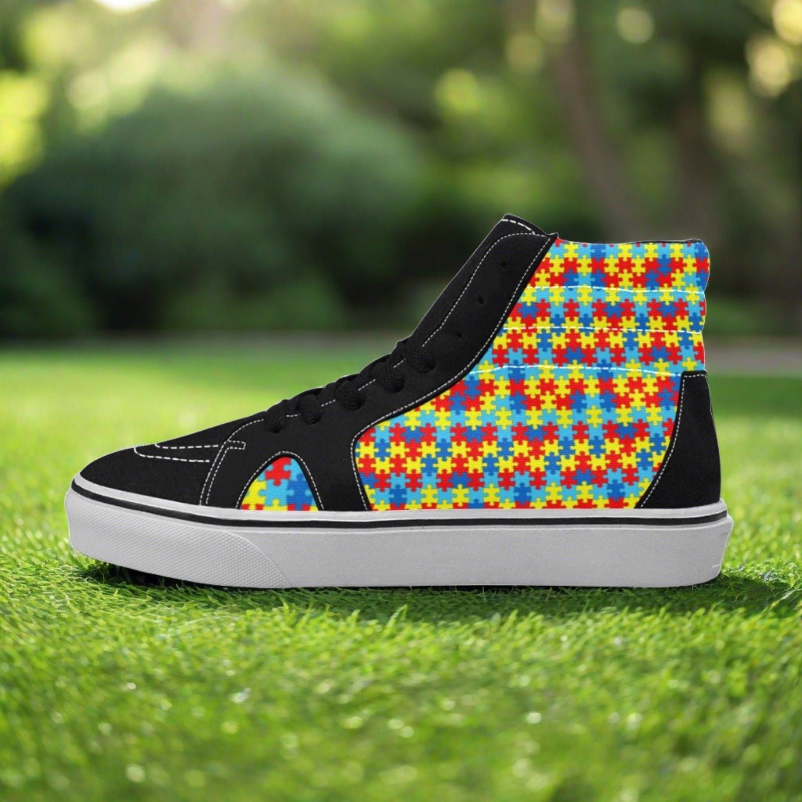 Men's Autism Awareness high-top canvas shoes, custom full-wrap printed design — Freaky Shoes