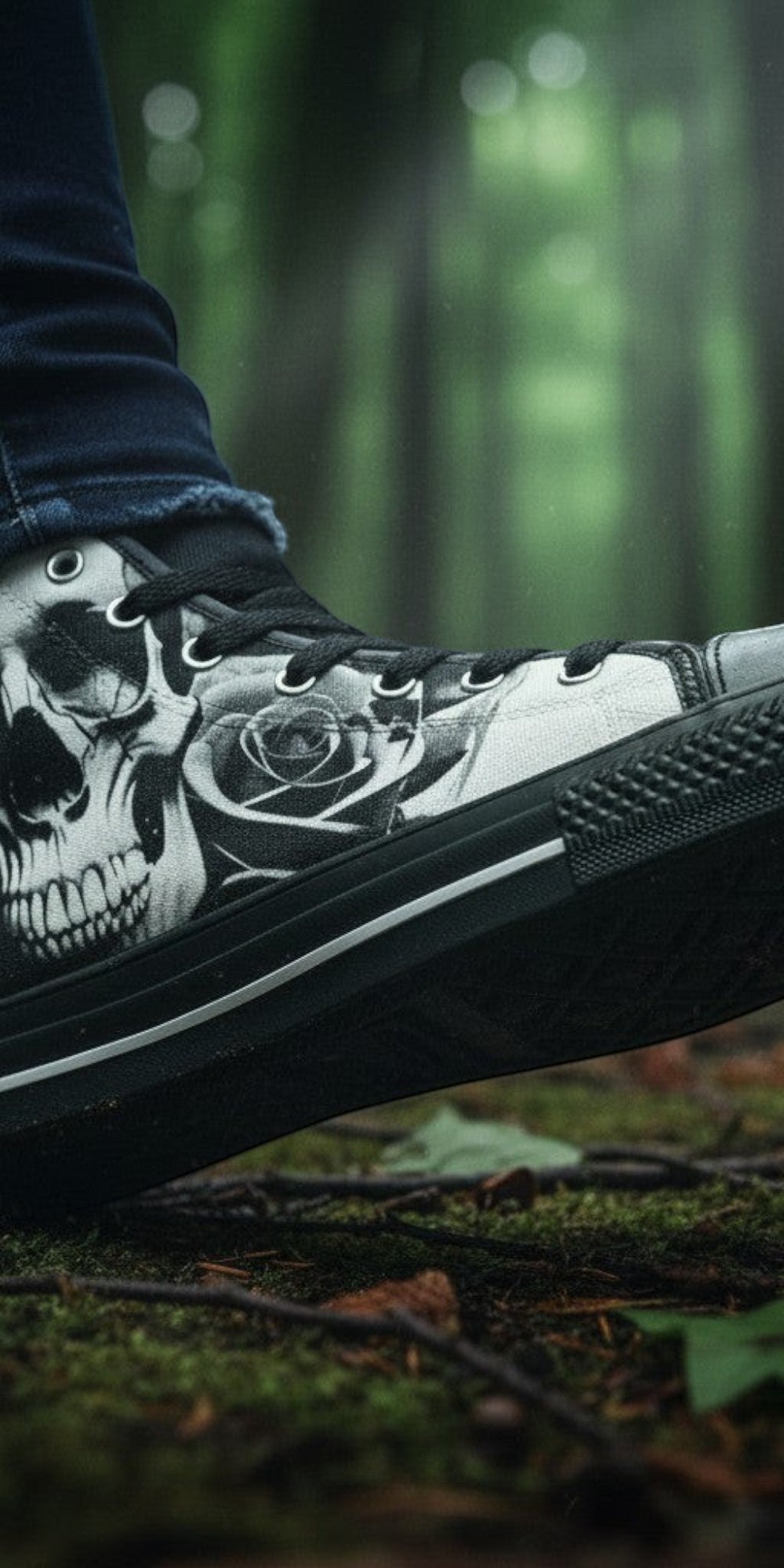 Men's Cartoon Skulls & Roses Black & White high-top canvas shoes — one-of-a-kind custom printed art, Freaky Shoes