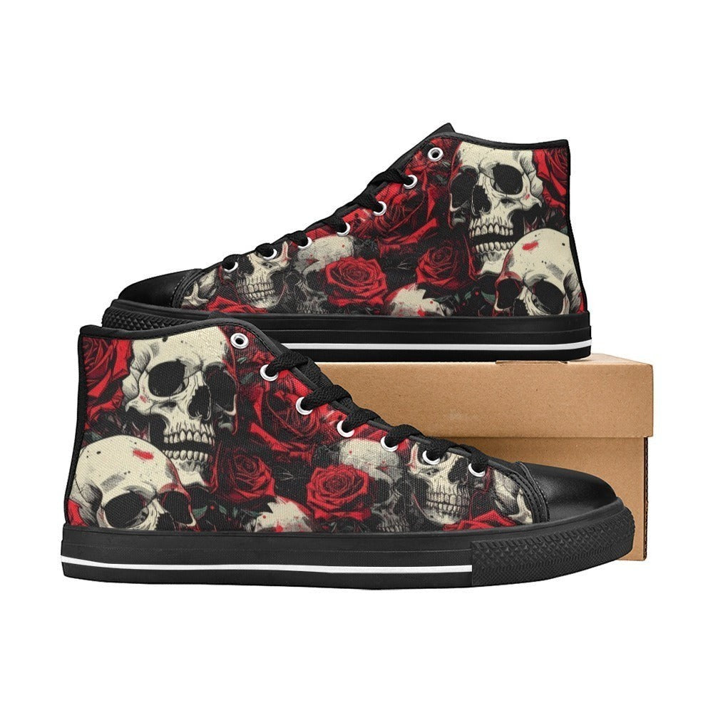 Freaky Shoes custom art sneakers with skull and red rose print, made to order wearable art