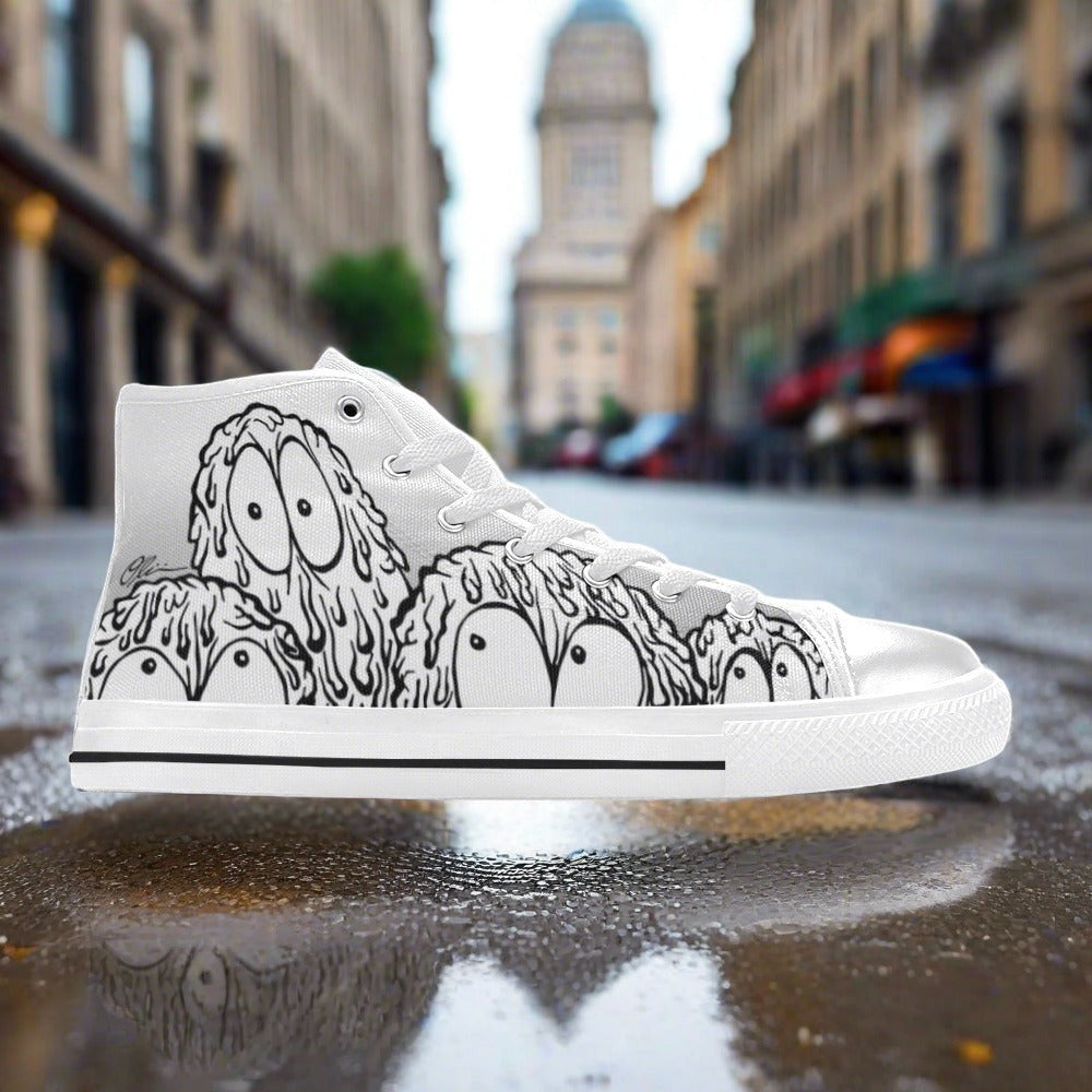 Men's Monsters custom high-top canvas shoes — wearable art by Freaky Shoes