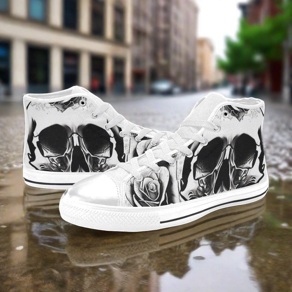 Men's Grey Skull & Roses Black & White custom high-top canvas shoes — wearable art by Freaky Shoes