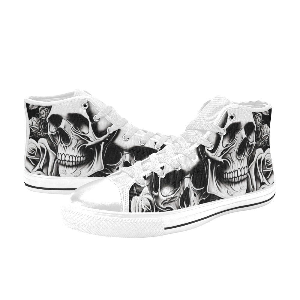 Freaky Shoes custom art sneakers with black and white skull art and roses, made to order