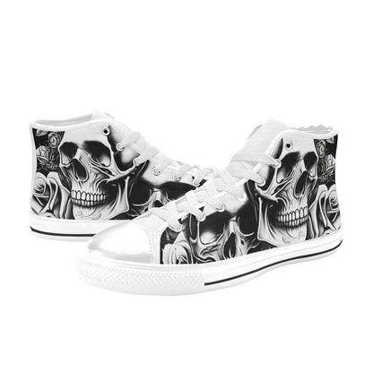 Freaky Shoes custom art sneakers with black and white skull art and roses, made to order
