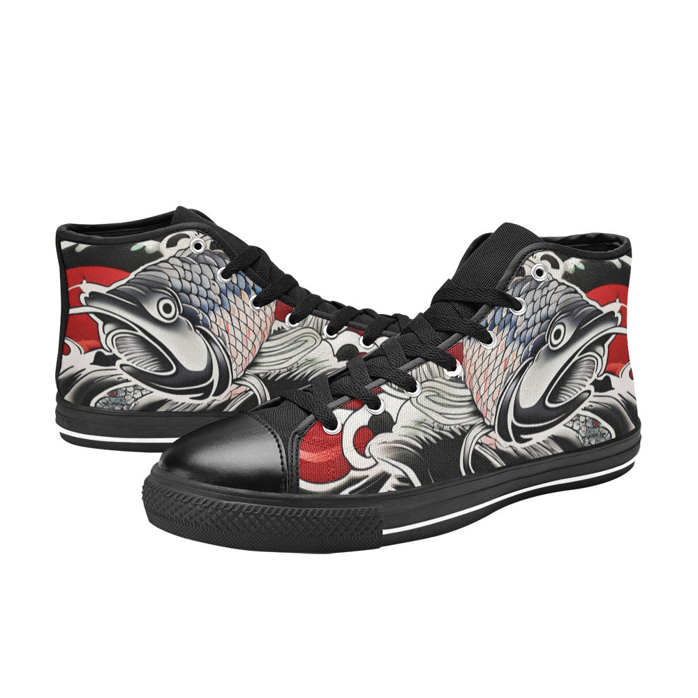 WOMEN'S Japanese Fish Art 3 High Top Canvas Grunge Custom Sneakers