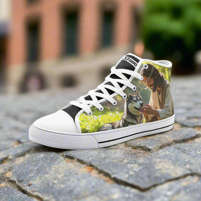 Jesus Unisex custom high-top canvas shoes — wearable art by Freaky Shoes