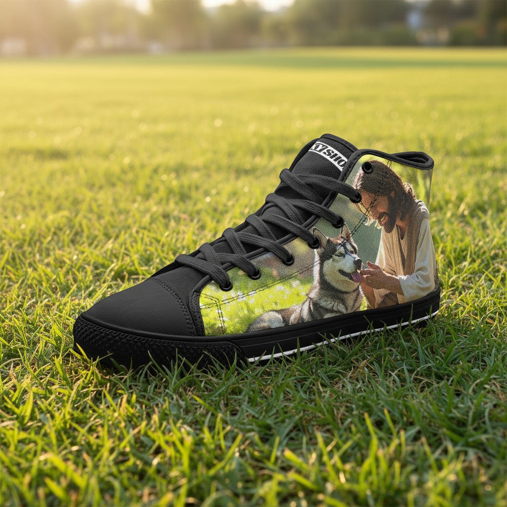 Custom Jesus Unisex high-top canvas shoes with bold all-over art — Freaky Shoes