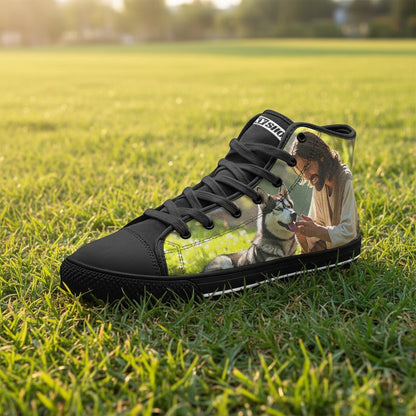 Custom Jesus Unisex high-top canvas shoes with bold all-over art — Freaky Shoes