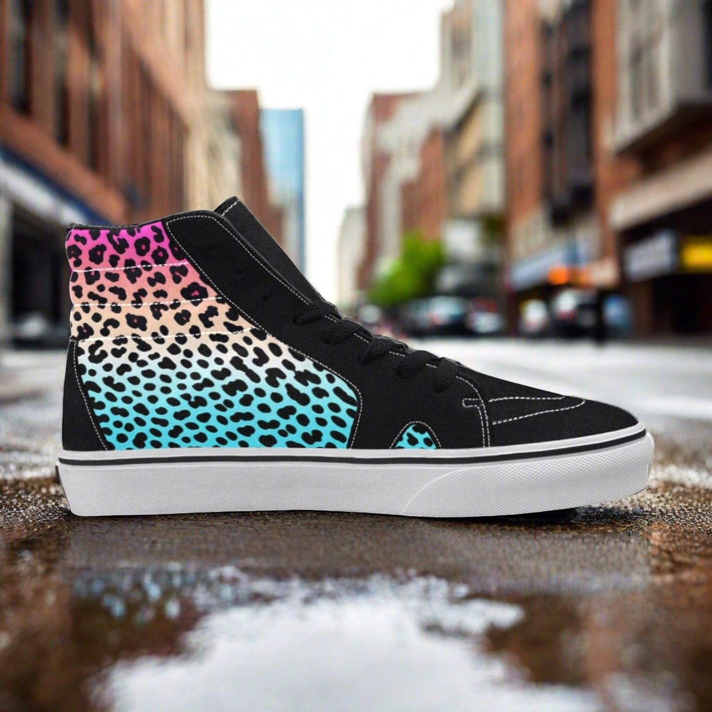 Men's Gradient Leopard custom high-top canvas shoes — wearable art by Freaky Shoes