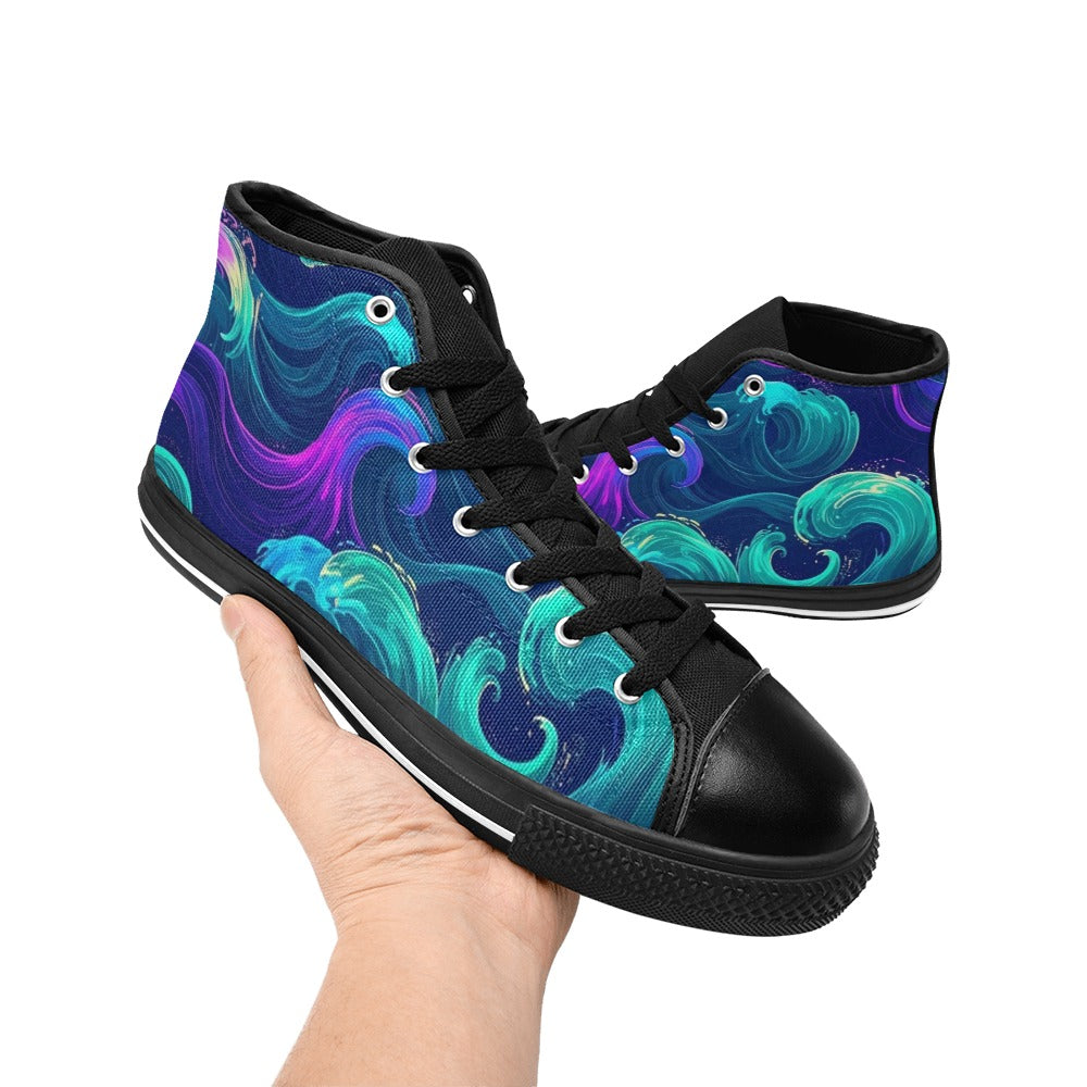 MEN'S Glowing Ocean Swirls High Top Canvas Vibrant Chaos Sneakers