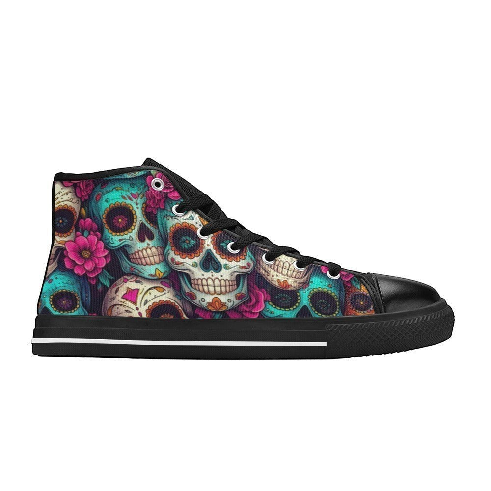 Freaky Shoes custom art sneakers with vibrant sugar skull and floral print, made to order wearable art