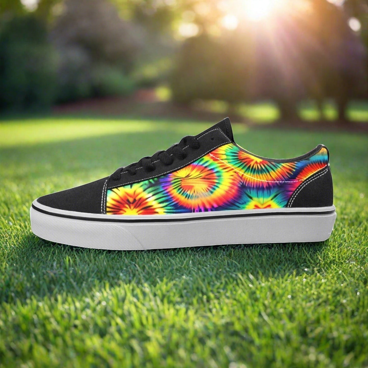 Women's Rainbow Tie Dye custom low-top canvas shoes — wearable art by Freaky Shoes