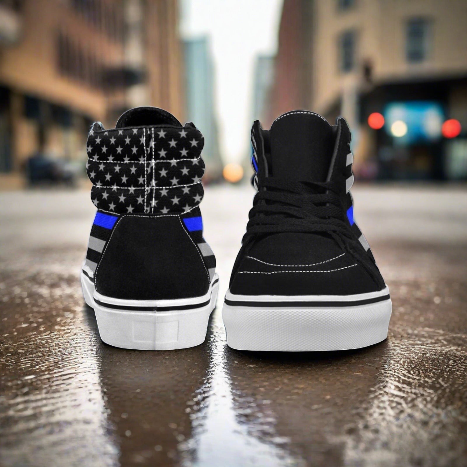 Custom Women's Thin Blue Line Flag Themed high-top canvas shoes with bold all-over art — Freaky Shoes