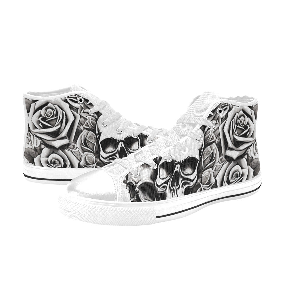 WOMEN'S Skull Roses Black White High Top Canvas Wallpaper Art Custom Sneakers