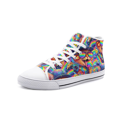 Cosmic Chaos Kicks — Y2K Psychedelic Cat Sneakers Unisex High Top Canvas Shoes