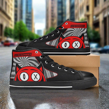 Women's Devil hand-made high-top canvas shoes — unique wearable art by Freaky Shoes