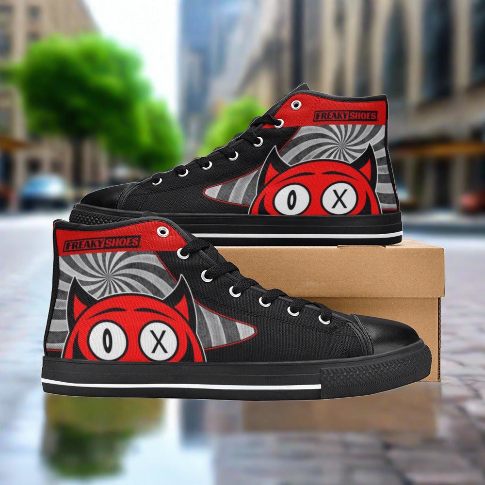 Custom Men's Devil high-top canvas shoes with bold all-over art — Freaky Shoes