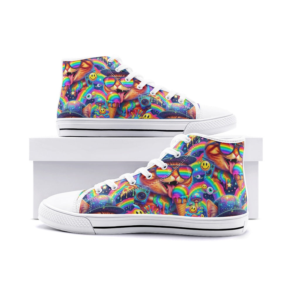 Cosmic Chaos Kicks — Y2K Psychedelic Cat Sneakers Unisex High Top Canvas Shoes