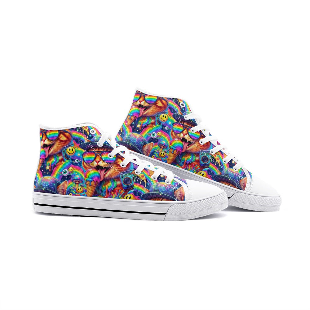 Cosmic Chaos Kicks — Y2K Psychedelic Cat Sneakers Unisex High Top Canvas Shoes
