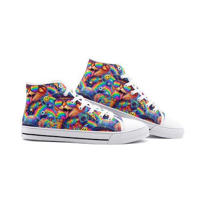 Cosmic Chaos Kicks — Y2K Psychedelic Cat Sneakers Unisex High Top Canvas Shoes