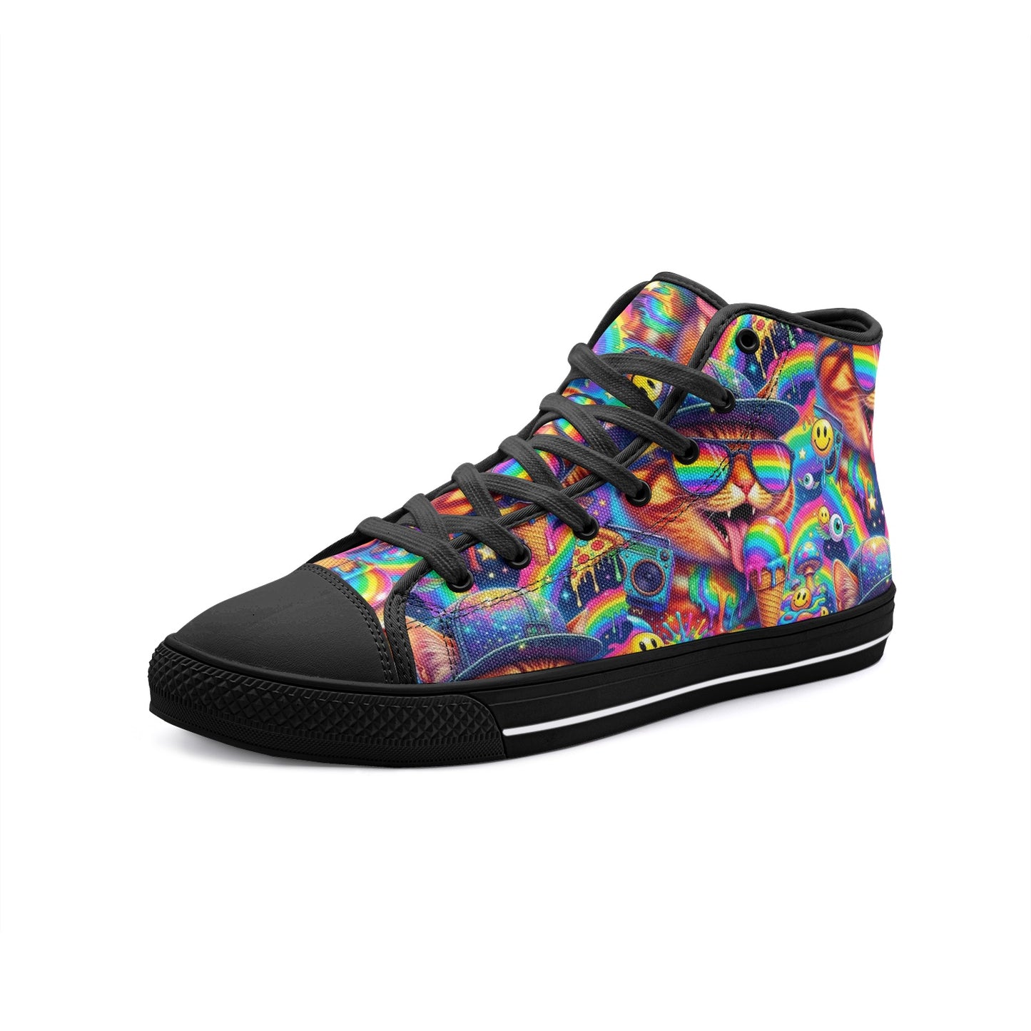 Cosmic Chaos Kicks — Y2K Psychedelic Cat Sneakers Unisex High Top Canvas Shoes