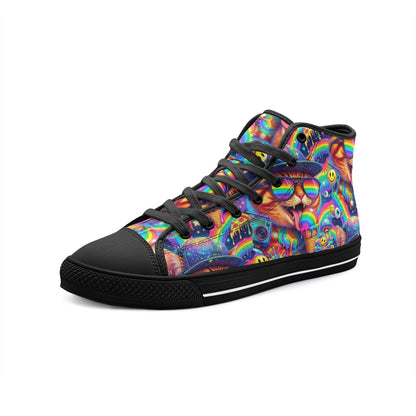 Cosmic Chaos Kicks — Y2K Psychedelic Cat Sneakers Unisex High Top Canvas Shoes