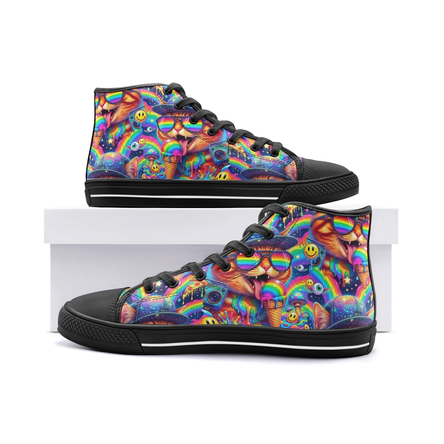 Cosmic Chaos Kicks — Y2K Psychedelic Cat Sneakers Unisex High Top Canvas Shoes