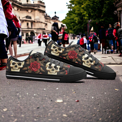 Rose Skulls custom high-top canvas shoes — wearable art by Freaky Shoes