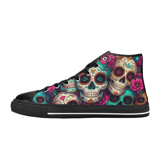dia de los muertos ornate skull gift for her unique Women's High Top Canvas Shoes-4 Sides (Model 017)